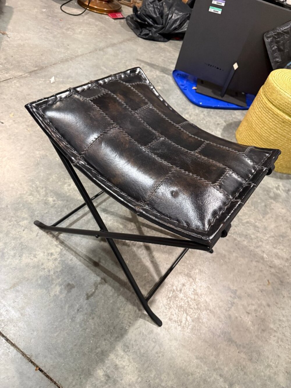 Creative Coop Leather Wroght Iron Collapsable Otoman/Bench/Stool